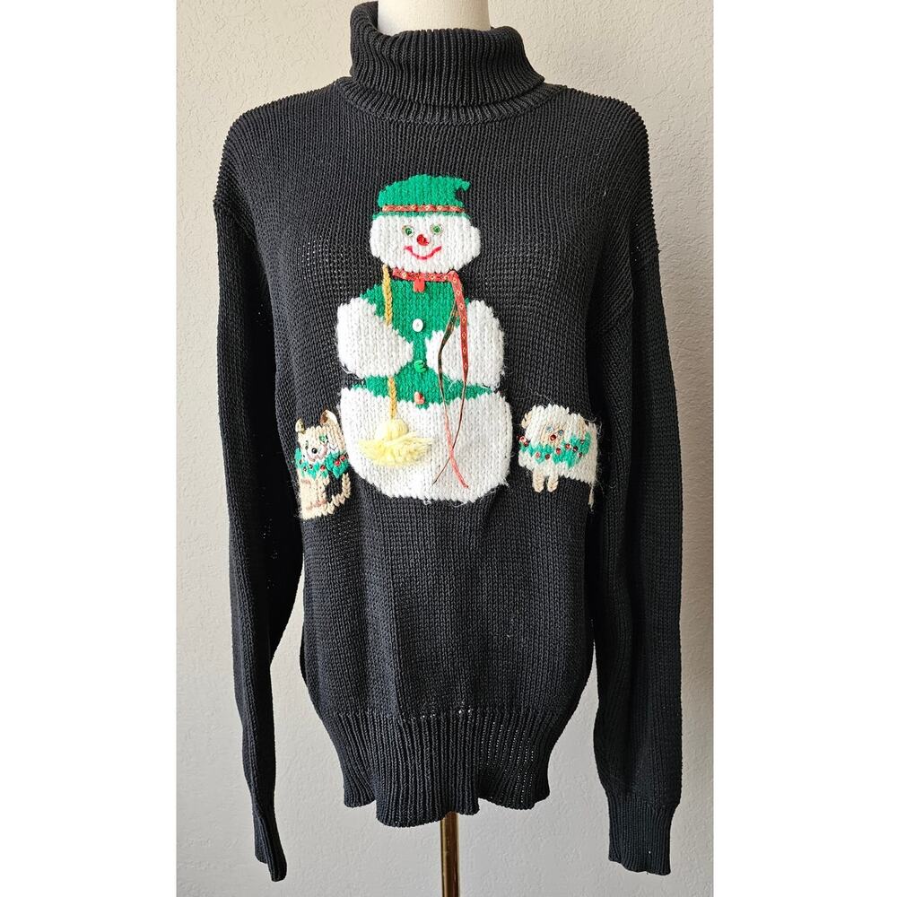 ONE OF A KIND Handmade Christmas Turtleneck Sweater‎ Front Back Snowman Sm Med